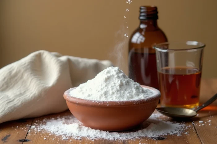 Gros plan d'un bol de bicarbonate de soude avec une réaction moussante au vinaigre sur une table en bois rustique