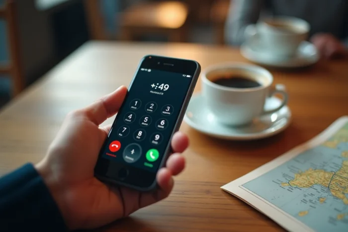 Gros plan d'une main composant le numéro d'appel international +49 pour joindre l'Allemagne sur un smartphone