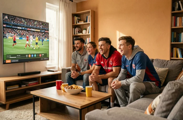 Groupe d'amis regardant des sports en streaming sur une grande télévision intelligente dans un salon moderne en 2026
