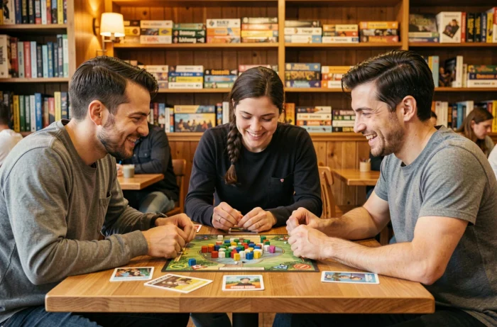 Groupe d'adultes jouant à un jeu de société stratégique dans un café ludique, tendance loisirs sociaux