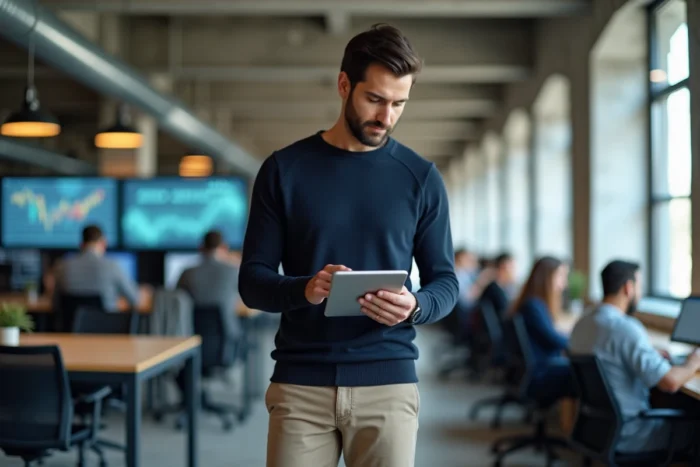 Professional man consulting digital news on a tablet in a modern urban coworking space