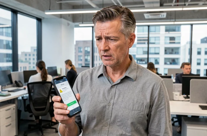 Homme d'affaires examinant une alerte de sécurité sur son smartphone dans un bureau moderne