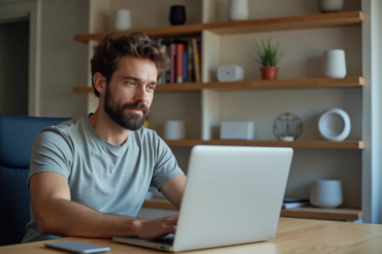Homme consultant une application de gestion domotique Tuya sur son ordinateur portable dans un bureau à domicile moderne