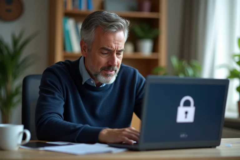 Homme frustré face à un message d'erreur de connexion sur sa messagerie Laposte depuis un ordinateur portable