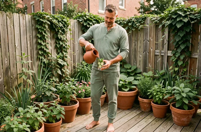 Homme préparant une boisson detox naturelle à base de plantes fraîches dans un jardin urbain verdoyant