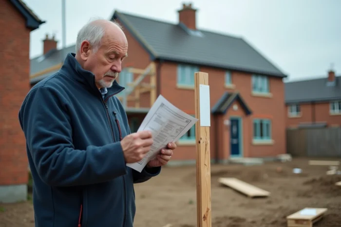 Homme sur un chantier de construction installant un panneau de déclaration préalable de travaux