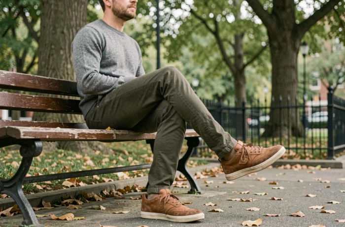 Homme assis sur un banc de parc portant des chaussures Sursell, mettant en avant le confort et le style décontracté