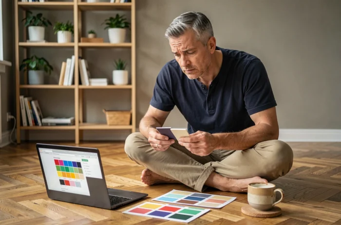 Homme assis sur un parquet en chevrons entouré d'échantillons de couleurs et d'un ordinateur pour choisir sa peinture de séjour