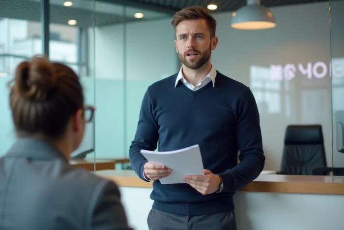 Jeune homme discutant de solutions de crédit avec un conseiller bancaire dans une agence moderne