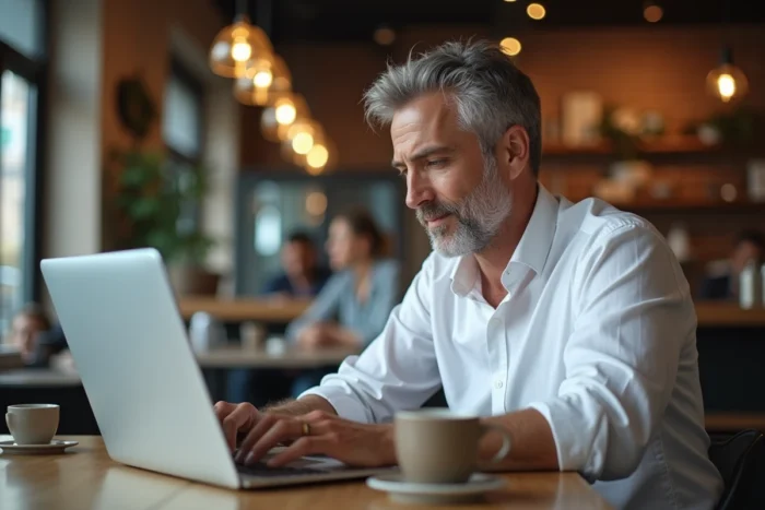Homme en train de relire et corriger un texte en français sur son ordinateur portable dans un café