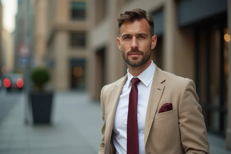 Homme en costume beige avec cravate bordeaux assortie, style élégant et professionnel en extérieur urbain