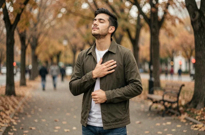 Jeune homme pratiquant un exercice de respiration en plein air dans un parc, technique de gestion du stress post-traumatique