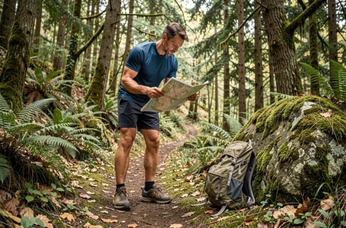 Homme consultant une carte topographique sur un sentier de randonnée en forêt, tendance loisirs plein air