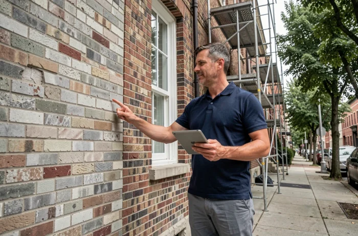 Homme debout devant une propriété en rénovation tenant une tablette numérique avec des conseils immobiliers