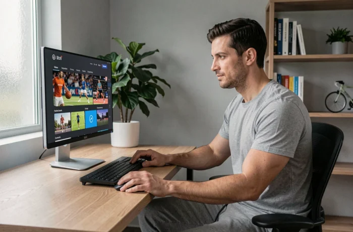 Homme consultant une nouvelle plateforme de streaming sportif sur ordinateur depuis son bureau à domicile