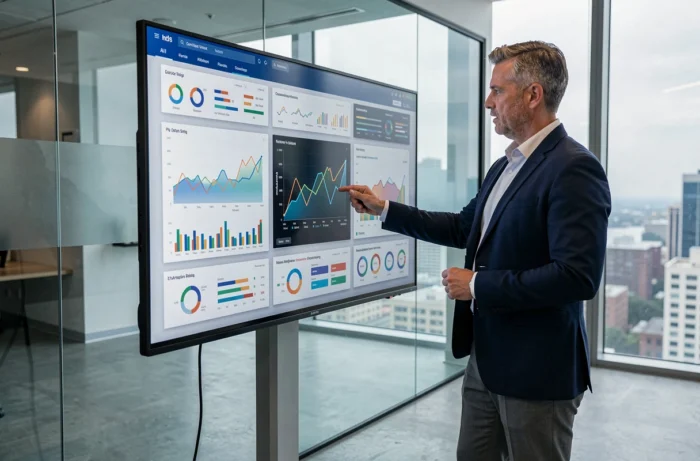 Homme en blazer marine présentant des tableaux de bord IA sur grand écran tactile dans une salle de conférence moderne