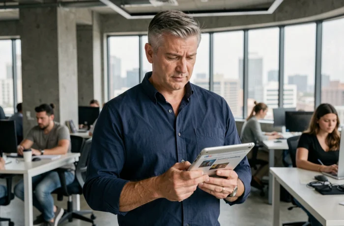 Homme consultant un site d'actualités sur tablette dans un espace de coworking moderne