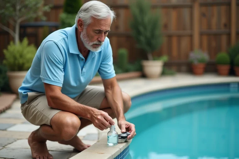 Homme testant l'eau de sa piscine trouble après excès de clarifiant, tenant un kit d'analyse dans son jardin