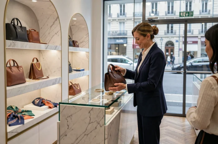 Intérieur d'une boutique de luxe sur les Champs-Élysées avec des articles haut de gamme exposés et une vendeuse élégante