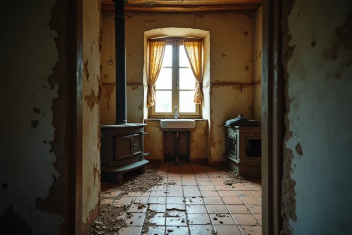 Intérieur délabré d'une cuisine de ferme abandonnée en France avec carrelage cassé et vieux poêle rouillé