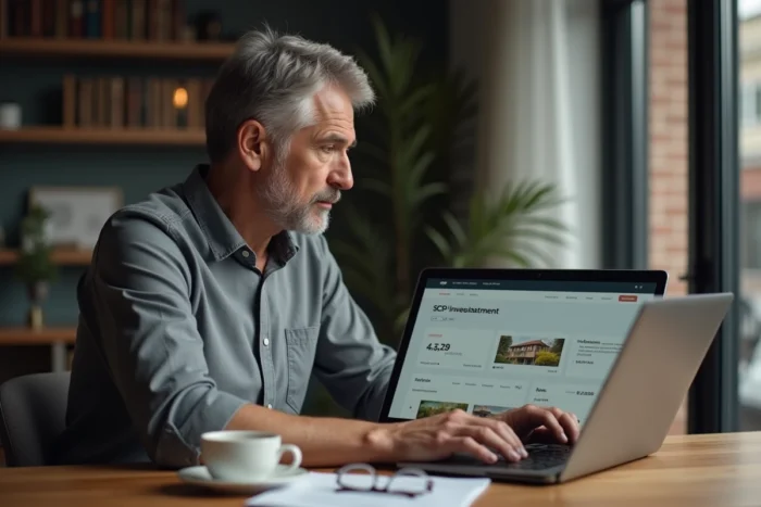 Investisseur particulier comparant la valeur de réalisation et la valeur de reconstitution d'une SCPI sur son ordinateur portable à domicile