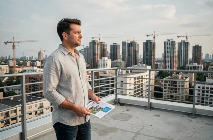 Investisseur immobilier contemplant la skyline urbaine depuis une terrasse d'immeuble neuf