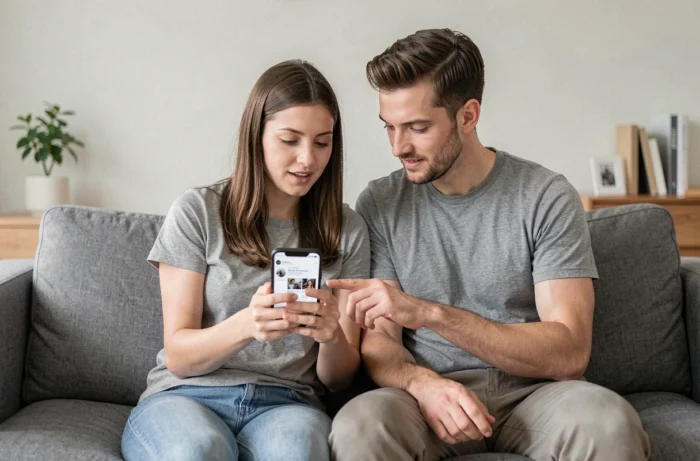 Deux amis regardant ensemble les invitations envoyées sur Instagram sur un canapé moderne