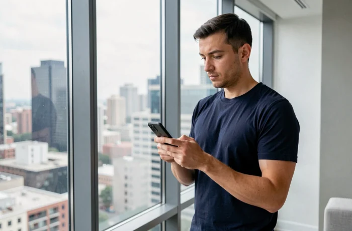 Homme vérifiant ses invitations Instagram sur son téléphone devant une fenêtre en ville