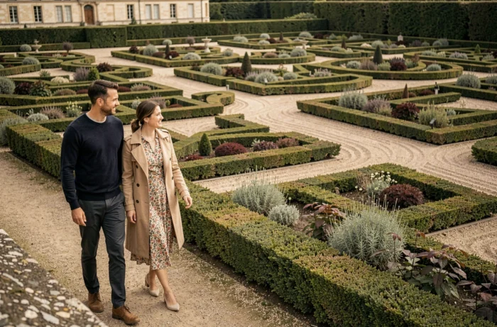 Couple se promenant dans les jardins à la française du domaine de Chambord