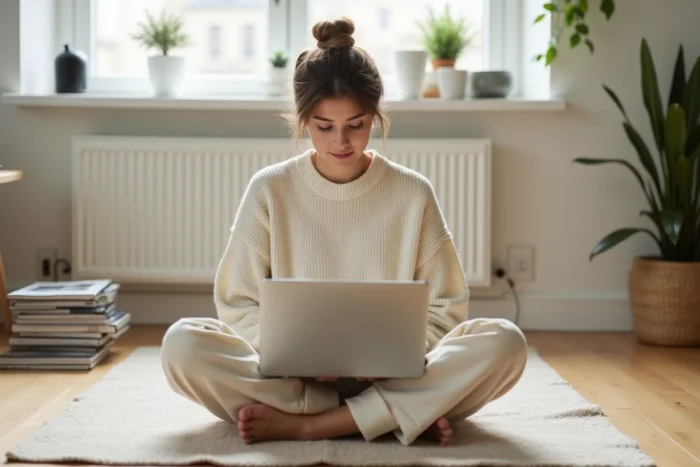 Jeune adulte découvrant les dernières tendances sur un ordinateur portable dans un intérieur minimaliste