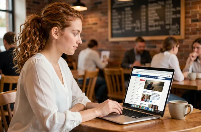 Jeune femme explorant la navigation d'un site d'actualités sur laptop dans un café