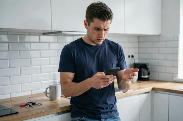 Jeune homme vérifiant un message suspect sur son smartphone pour éviter une arnaque Maficheclasse