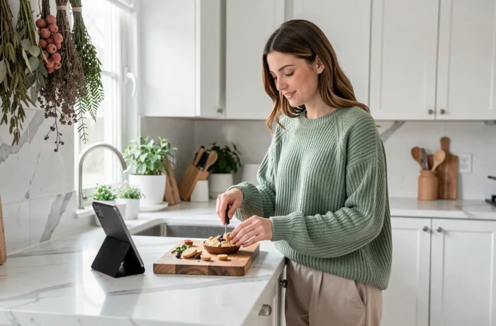 Jeune maman consultant son téléphone pour des conseils parentaux tout en préparant un repas sain dans une cuisine moderne