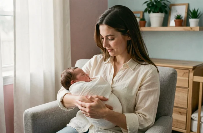 Jeune maman tenant tendrement son nouveau-né dans les bras dans une chambre de bébé cosy et lumineuse