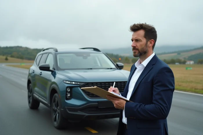 Journaliste automobile masculin prenant des notes devant un SUV 2024 sur un circuit d'essai en plein air