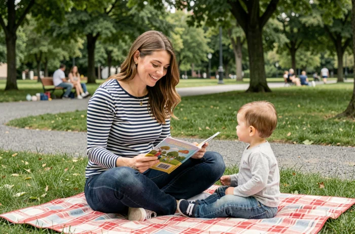 Maman et tout-petit partageant un moment de lecture en plein air sur une couverture de pique-nique dans un parc