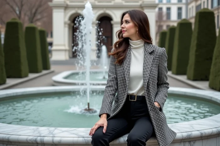 Femme en manteau houndstooth noir et blanc assise sur une fontaine en marbre dans une place urbaine élégante, mode chic féminine tendance automne