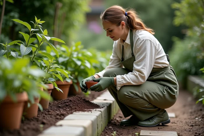 Femme épandant du marc de café autour des plantes du jardin pour éloigner les cloportes