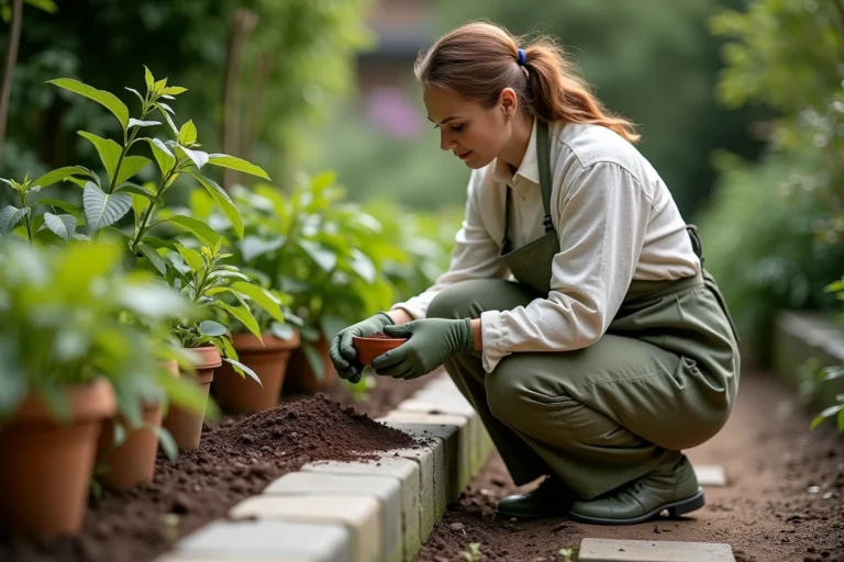 Femme épandant du marc de café autour des plantes du jardin pour éloigner les cloportes