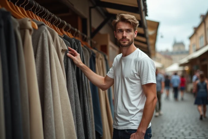 Jeune homme touchant des rouleaux de tissus dans un marché textile en plein air avec des étoffes en laine et lin