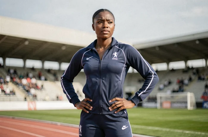 Jeune athlète française en survêtement bleu marine sur une piste d'athlétisme, regard déterminé et posture assurée
