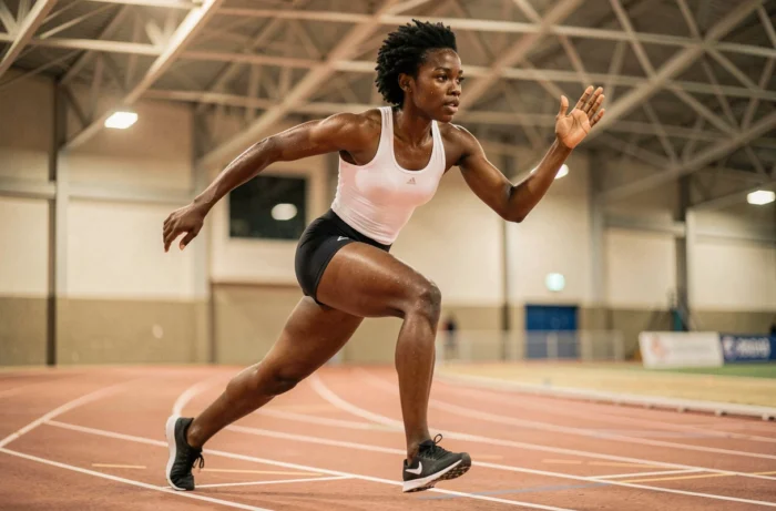 Athlète française en plein sprint sur une piste indoor, dynamisme et puissance en action