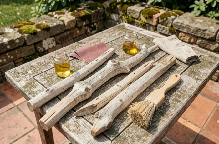 Matériel de traitement du bois flotté disposé sur une table de jardin avec huile de lin, papier de verre et pinceaux