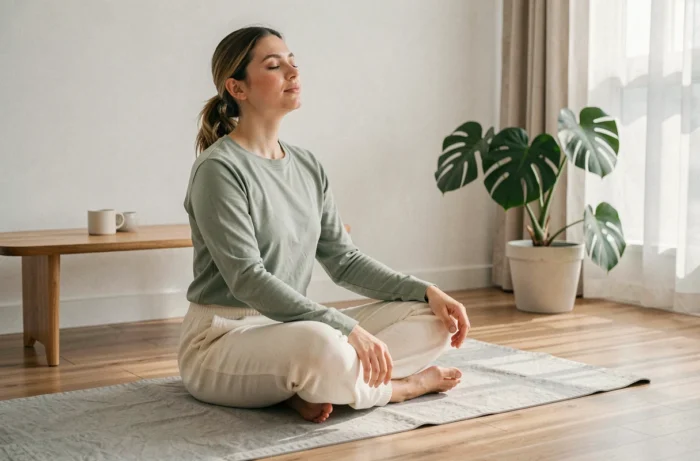 Femme pratiquant la méditation assise sur un tapis de yoga dans un salon minimaliste, illustration d'une routine bien-être quotidienne