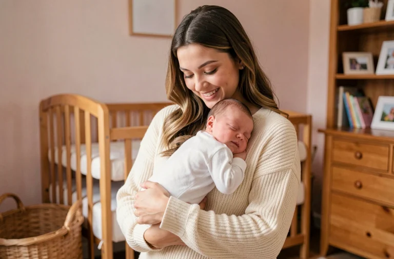 Jeune mère tenant tendrement son nouveau-né dans une chambre de bébé décorée en tons pastels, illustrant le lien mère-enfant et le bien-être du nourrisson