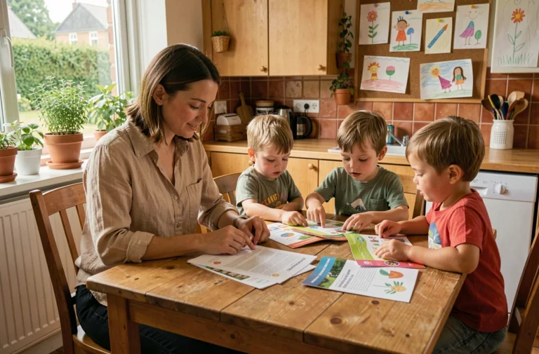 Mère et enfants consultant des documents sur les aides familiales en Ille-et-Vilaine dans une cuisine chaleureuse