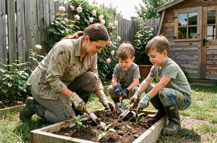 Mère et ses deux fils jardinent ensemble dans le potager du jardin, activité en plein air et moment de partage en famille