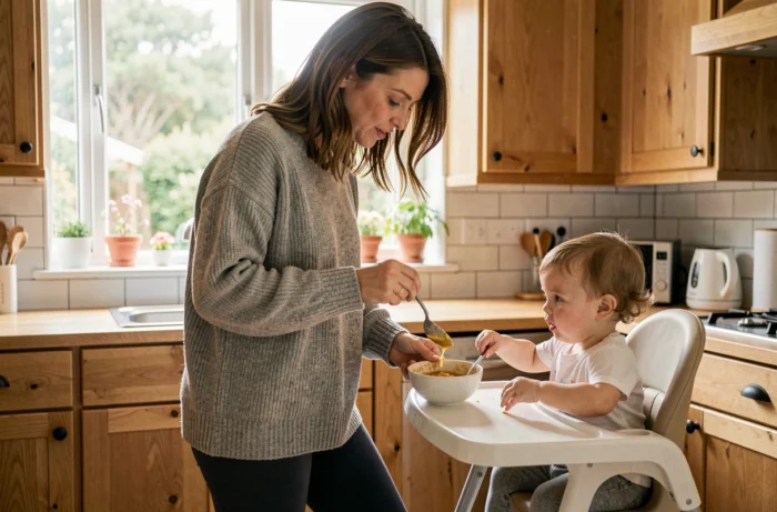 Mère préparant la purée de son bébé dans une cuisine familiale en bois naturel au quotidien
