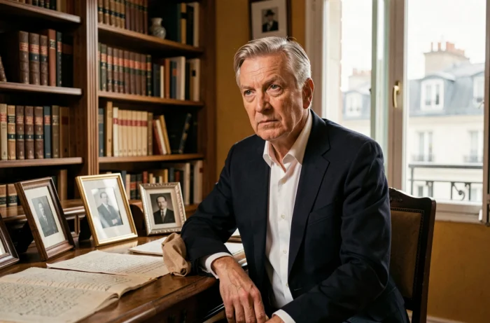 Portrait d'un homme distingué aux cheveux gris dans un bureau parisien classique, évoquant l'univers mystérieux de Michel Lafon, père de Julie Andrieu