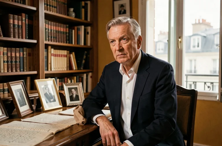 Portrait d'un homme distingué aux cheveux gris dans un bureau parisien classique, évoquant l'univers mystérieux de Michel Lafon, père de Julie Andrieu